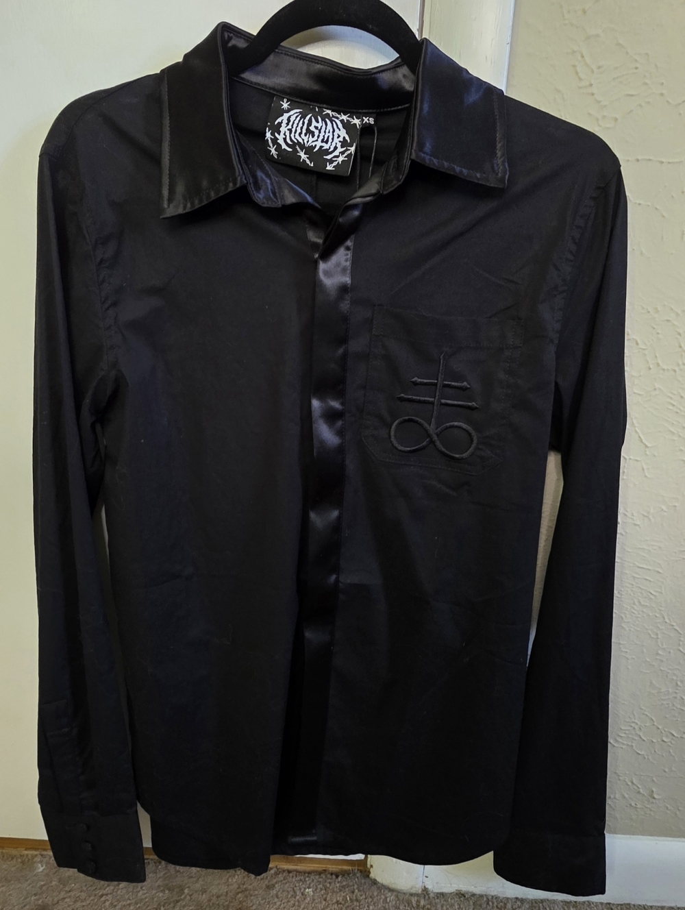 Killstar Black Satin-Trim Long Sleeve Dress Shirt